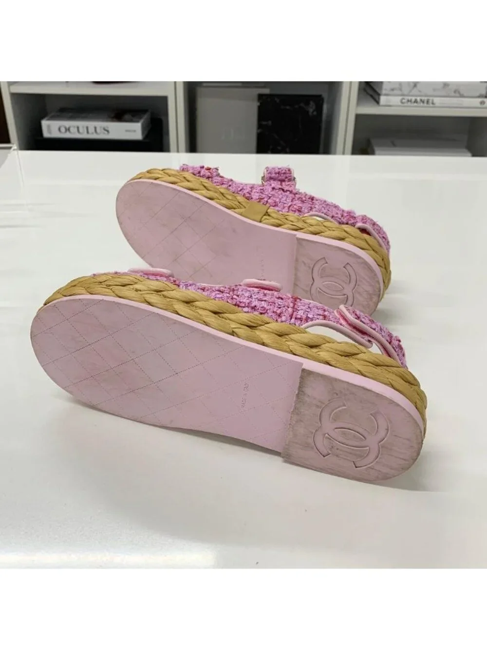 Chanel Tweed Patent CC Logo Velcro Sandals Pink